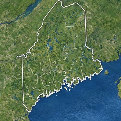 Photo realistic map of maine with faint county outlines and waterbodies showing  Can you make the ourline of maine more define and the counties a litt