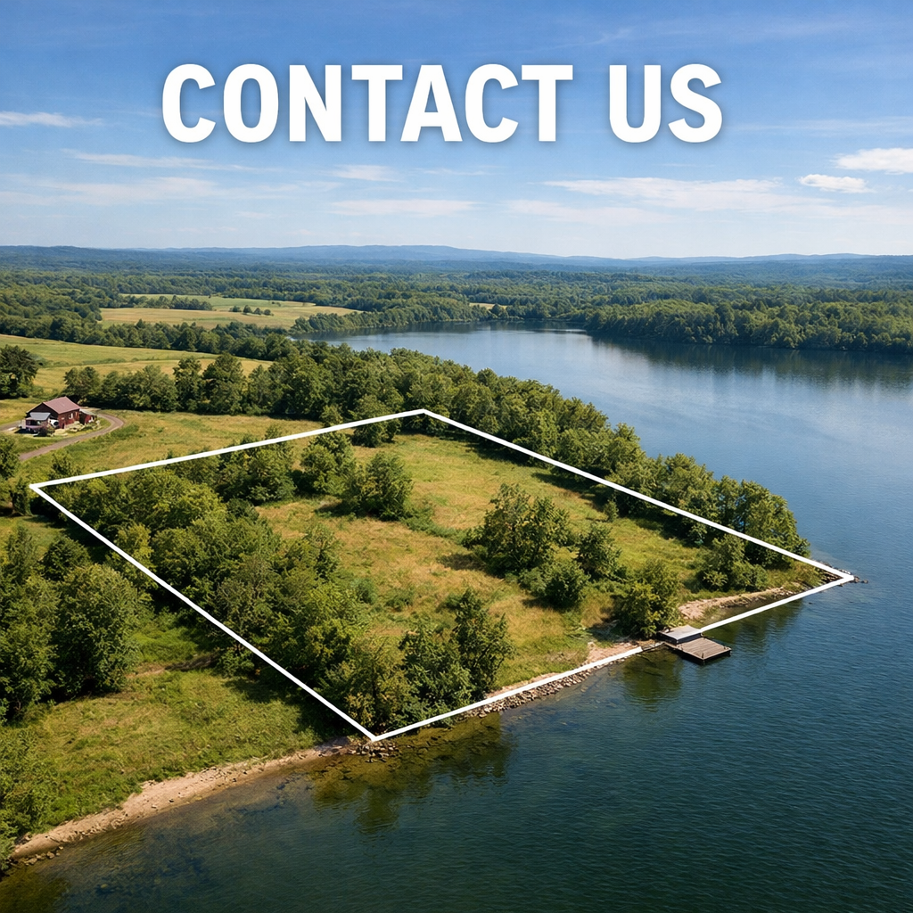 create a contact us image that also shows a plot of land with boundries  it should be rural and show that the land is on the lake or pond  style shoul